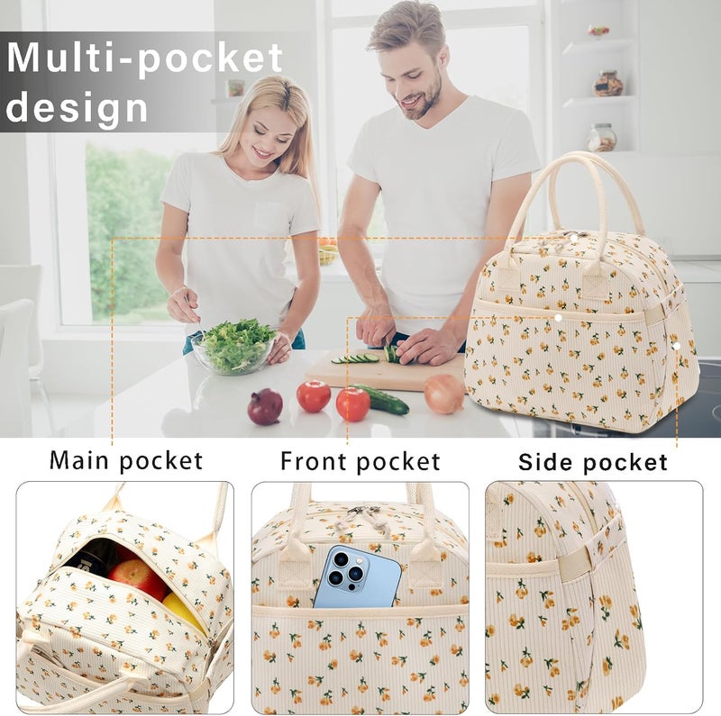 Carry bloom Lunch Box for Women, Insulated Lunch Bag Cute Corduroy Lunchbag Reusable Lunchbox for Work (flower yellow) - Image 3